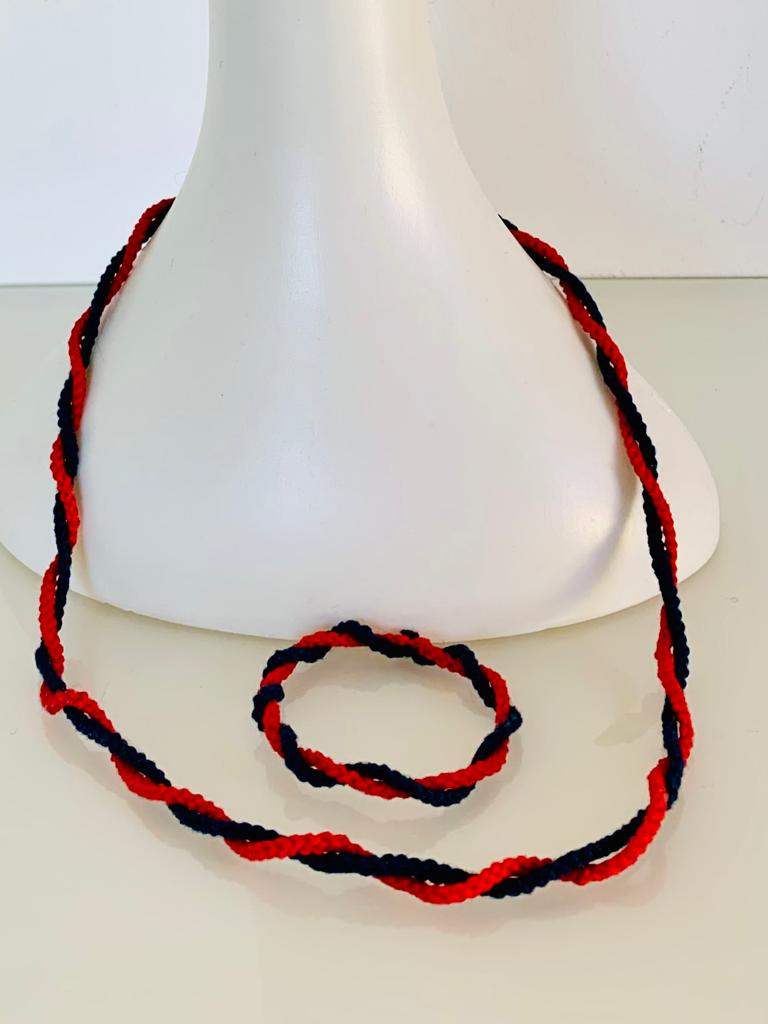 Halsschmuck und Armband aus 100% Baumwolle - ROT-DUNKELBLAU - Halskette