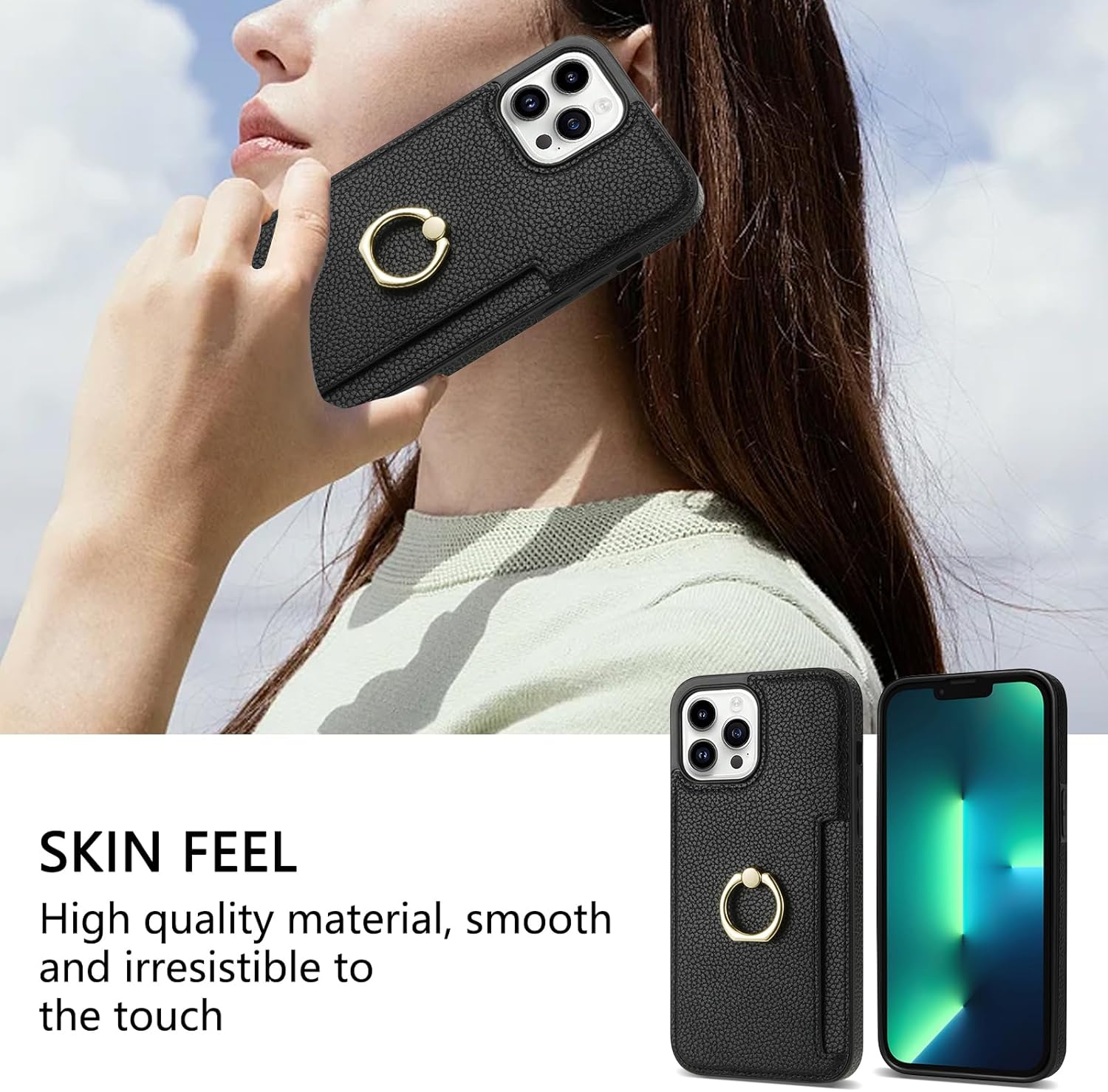 Handyhülle aus schwarzem Leder für iPhone 13 Pro Max Hülle mit Panzerfolie, Ring Ständer und Kartenfach – Bild 2