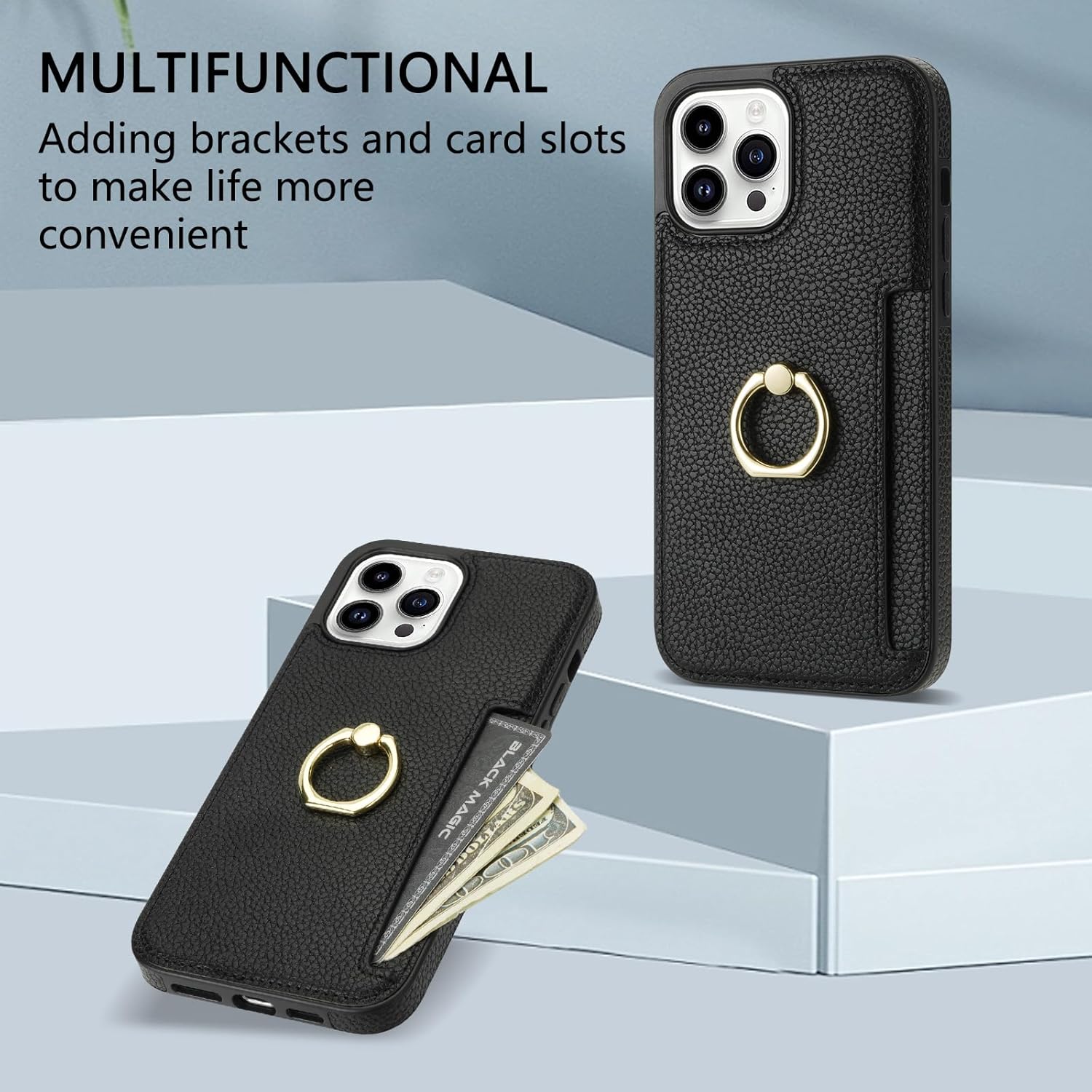 Handyhülle aus schwarzem Leder für iPhone 13 Pro Max Hülle mit Panzerfolie, Ring Ständer und Kartenfach – Bild 3