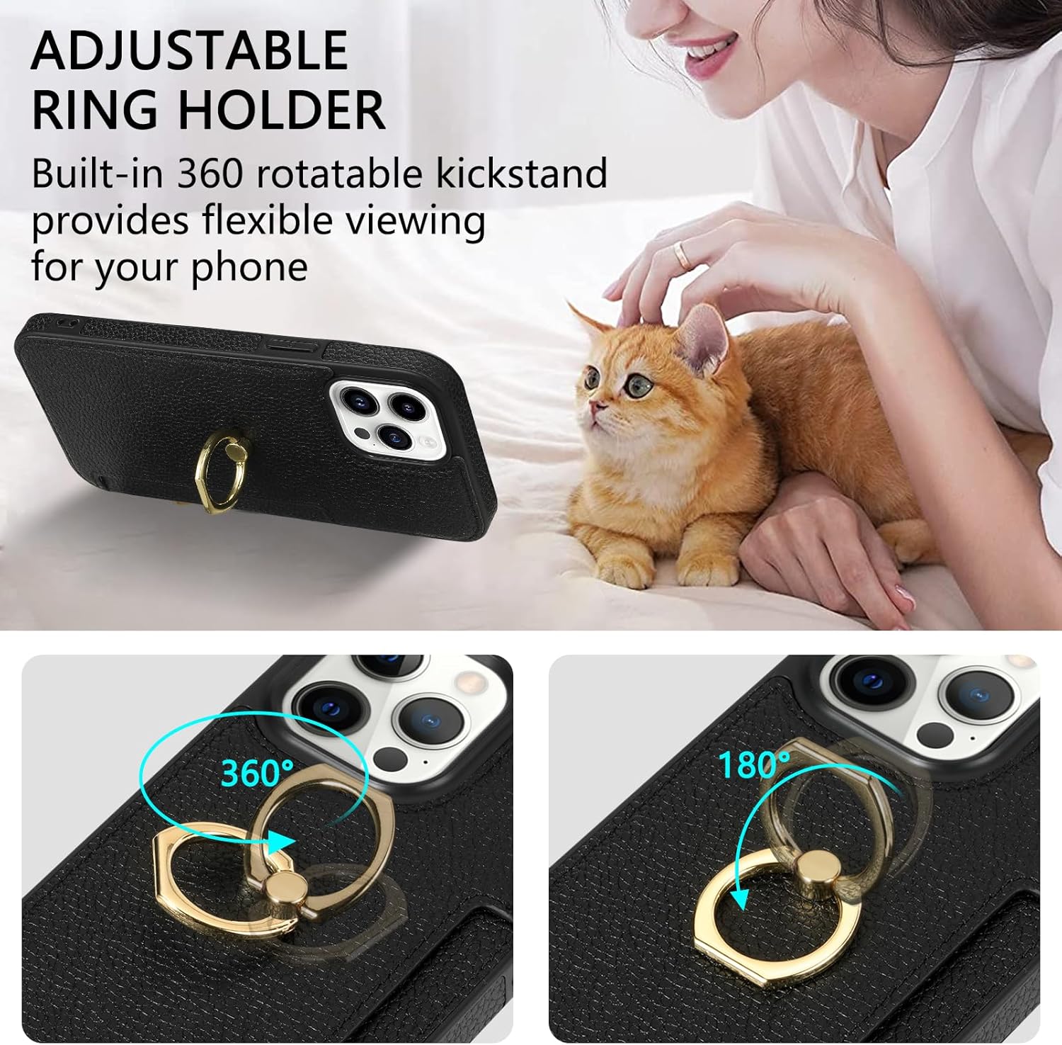 Handyhülle aus schwarzem Leder für iPhone 13 Pro Max Hülle mit Panzerfolie, Ring Ständer und Kartenfach – Bild 5